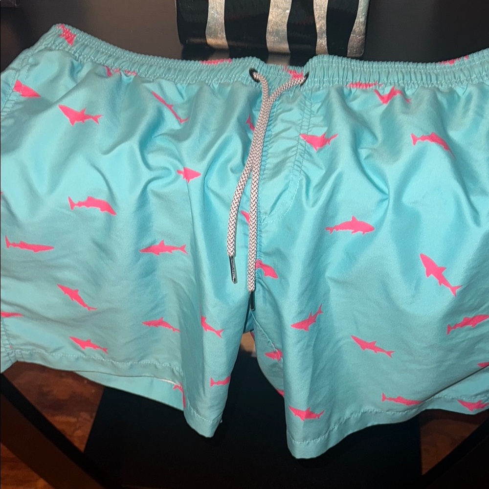 Blue and Pink Swim Trunks with Flamingo Pattern
